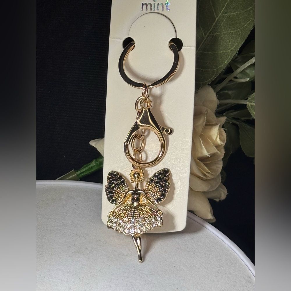 MINT  Crystal Ballerina Keychain Charm - Clear & Gold Accent